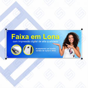 Faixa impressa Lona 280g 400x60cm 4x0 brilho Bastão com cordão e ilhós 