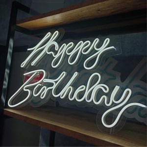 Happy Brithday neon led Acrílico 2mm cristal 60x40cm base Transparente neon led Corte computadorizado 